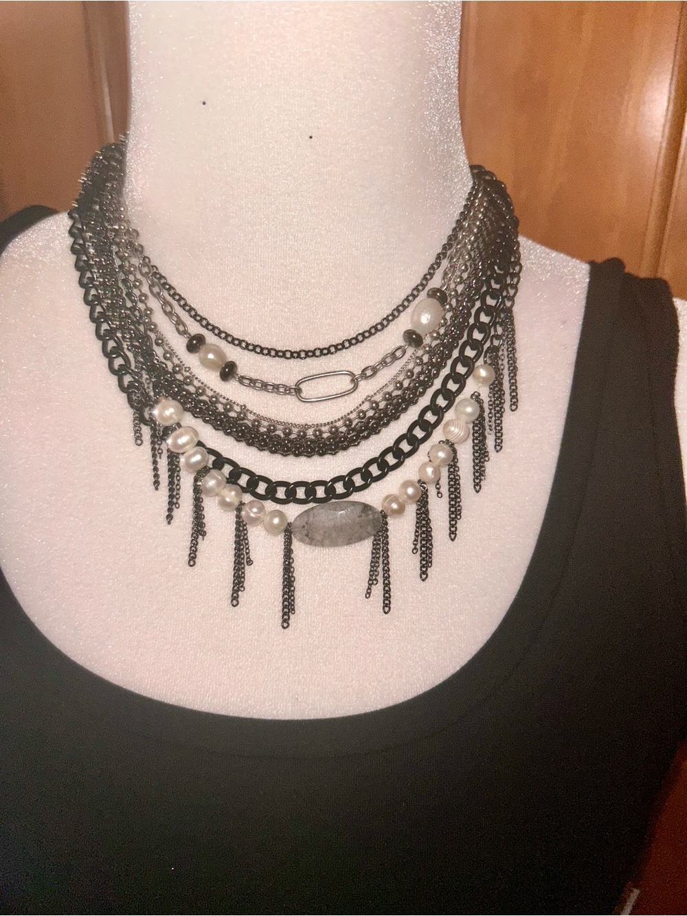 Free People Multi-Layer Black Gunmetal Chain & Pearl Necklace